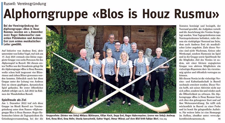 Vereinsgründung der Alphorngruppe in der Zeitung